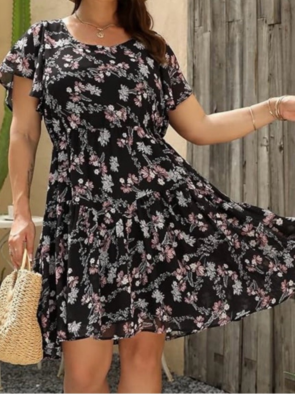 Black Floral Mini Dress with Pink Accents - Plus Size Smocked Summer Swing